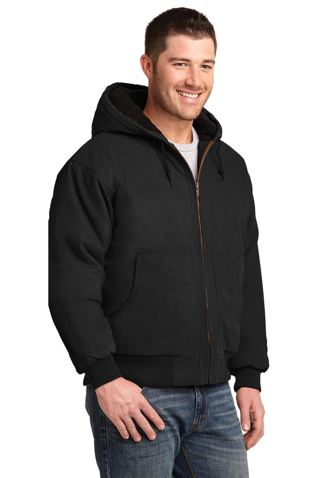 Black CornerStone Washed Duck Cloth Insulated Hooded Work Jacket. CSJ41