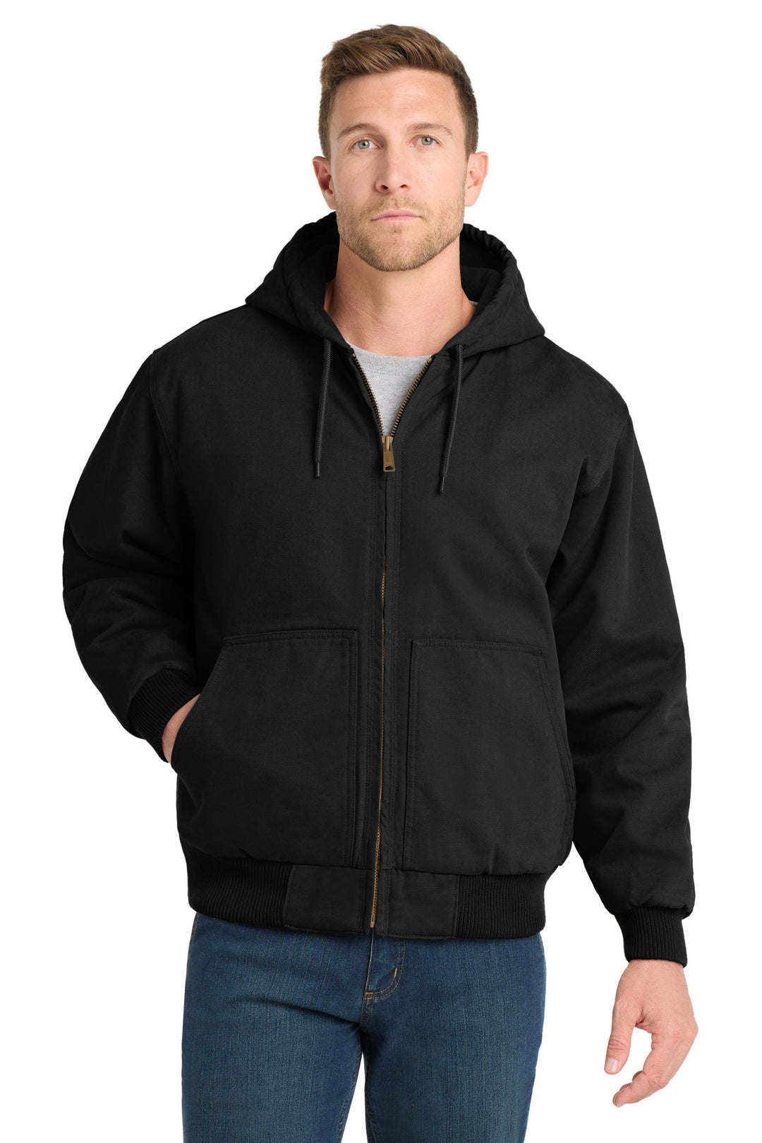 Black CornerStone Washed Duck Cloth Insulated Hooded Work Jacket. CSJ41