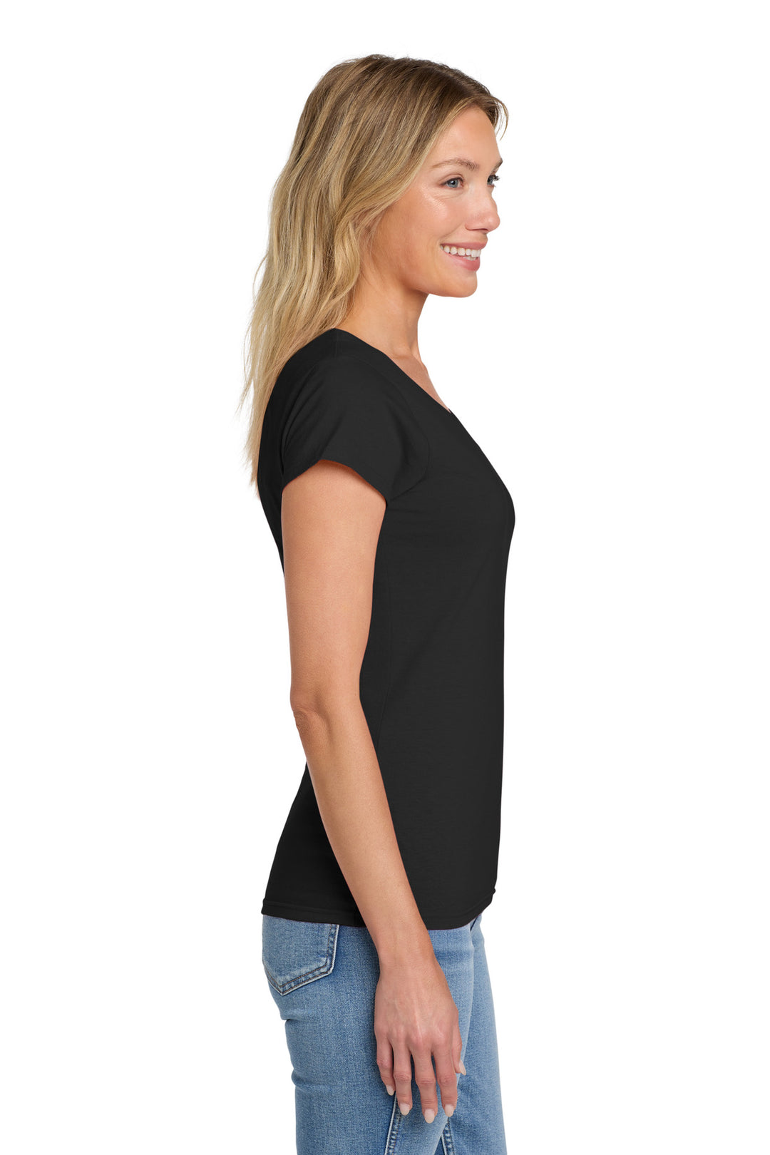 Black Gildan Softstyle Women's Fit V-Neck T-Shirt. 64V00L