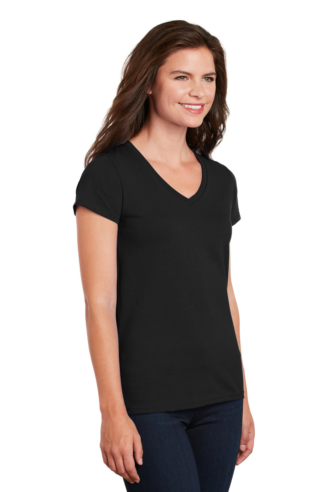 Black Gildan Women's Heavy Cotton 100% Cotton V-Neck T-Shirt. 5V00L
