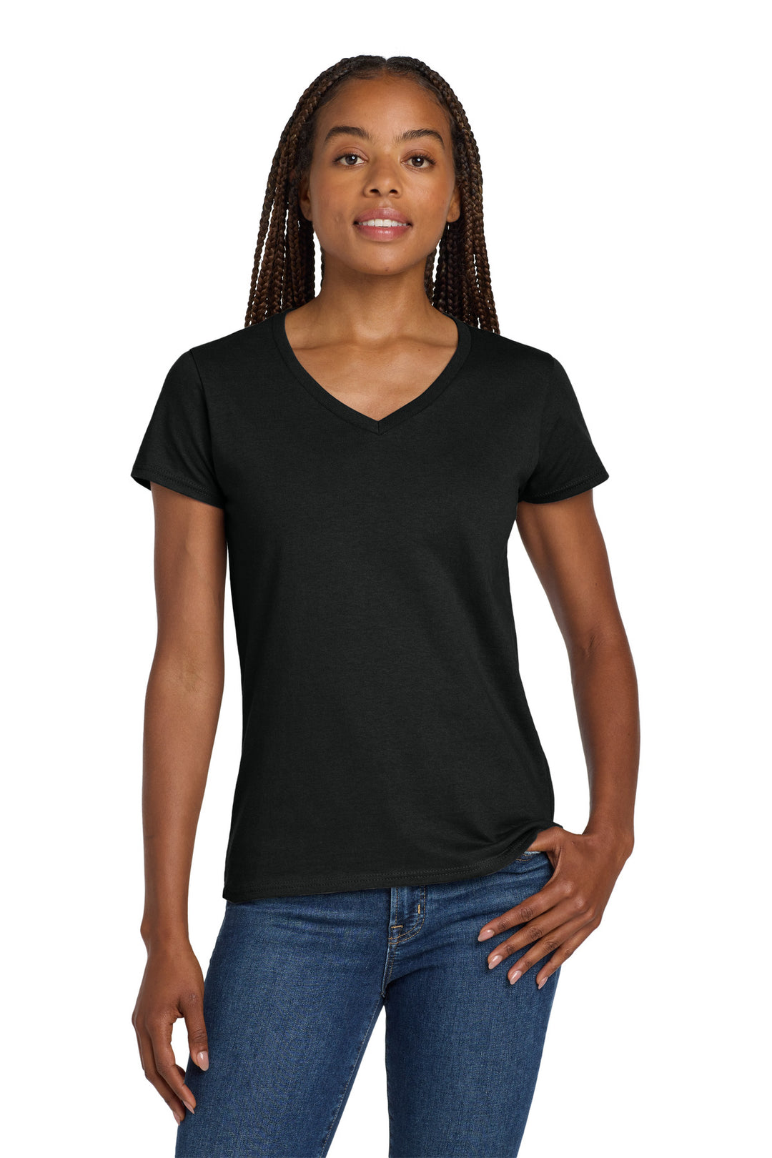 Black Gildan Women's Heavy Cotton 100% Cotton V-Neck T-Shirt. 5V00L