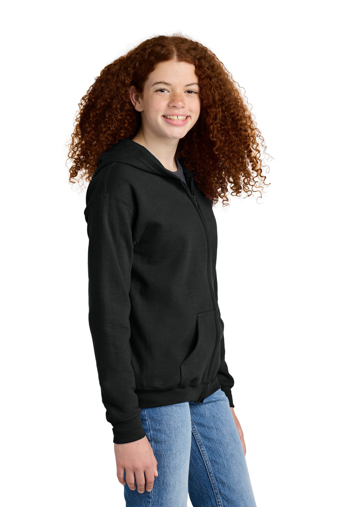 Black Gildan Youth Heavy Blend Full-Zip Hooded Sweatshirt. 18600B