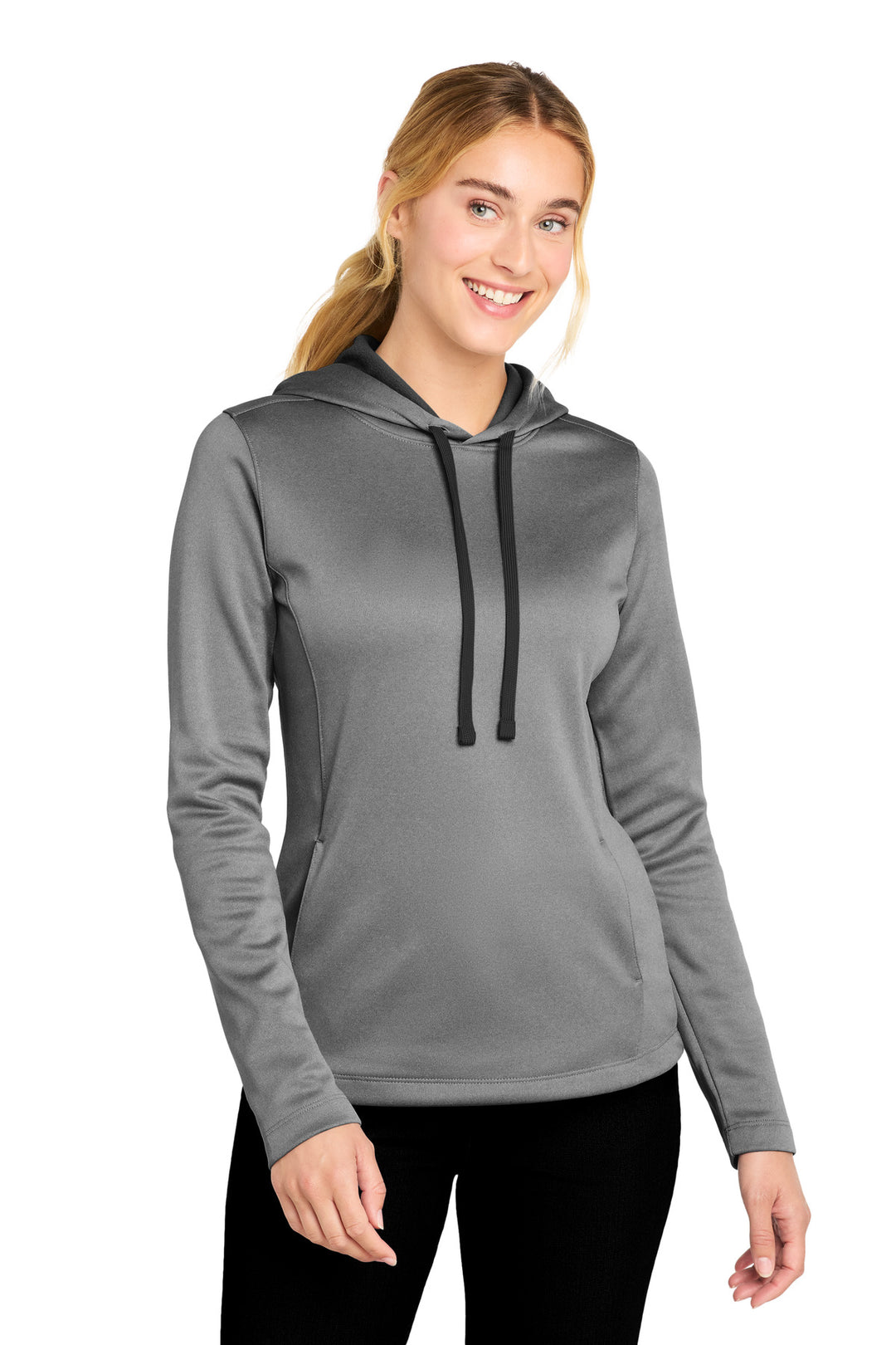 Black Hthr Sport-Tek Women's PosiCharge Sport-Wick Heather Fleece Hooded Pullover. LST264