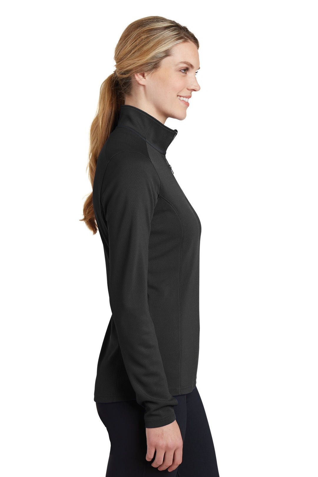 Black Sport-Tek Women's Sport-Wick Textured 1/4-Zip Pullover. LST860