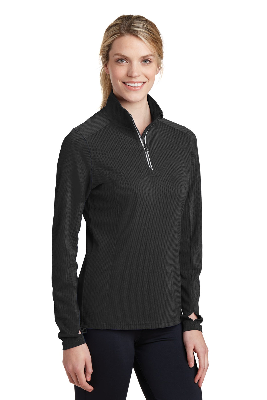 Black Sport-Tek Women's Sport-Wick Textured 1/4-Zip Pullover. LST860