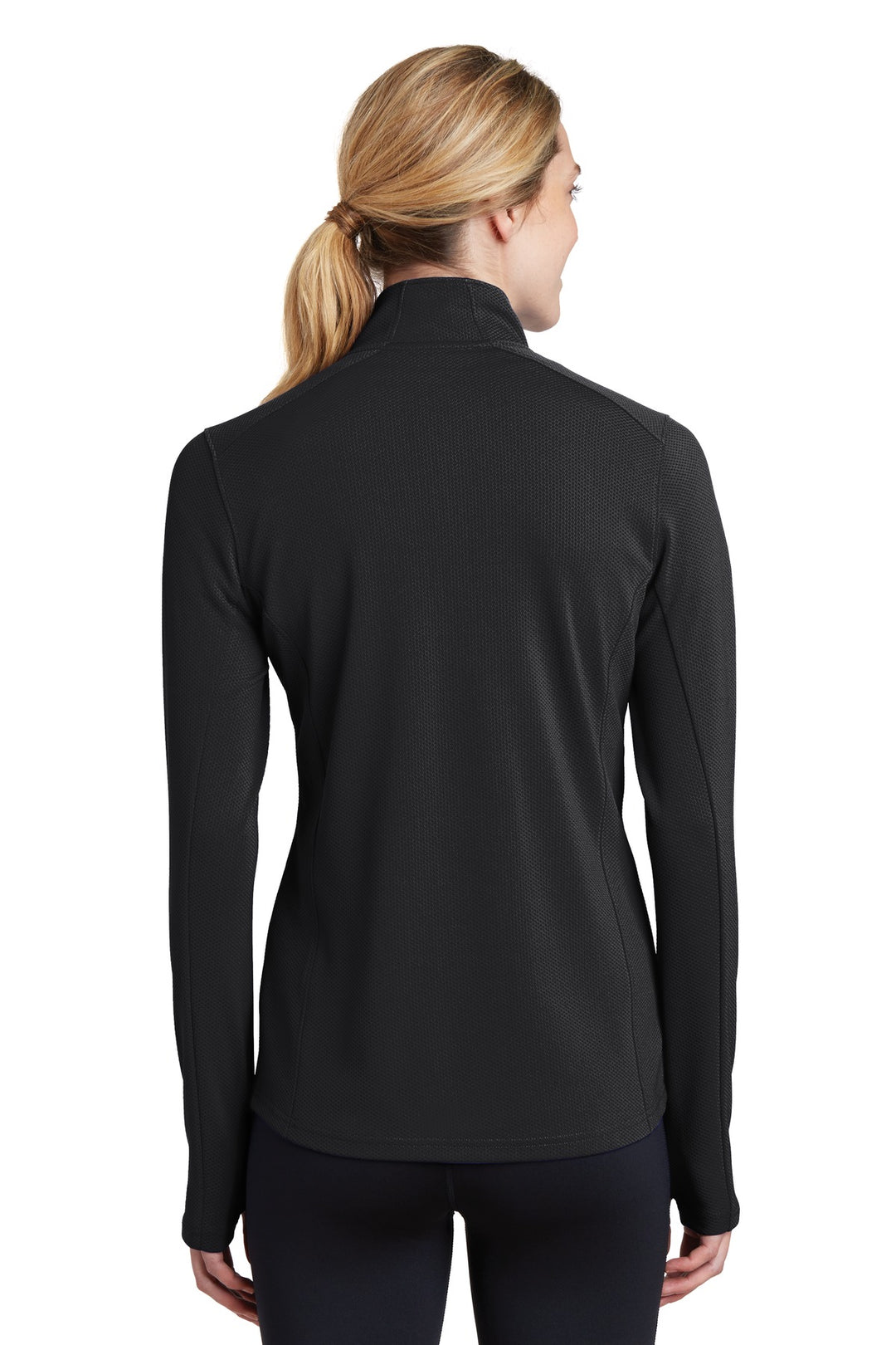 Black Sport-Tek Women's Sport-Wick Textured 1/4-Zip Pullover. LST860