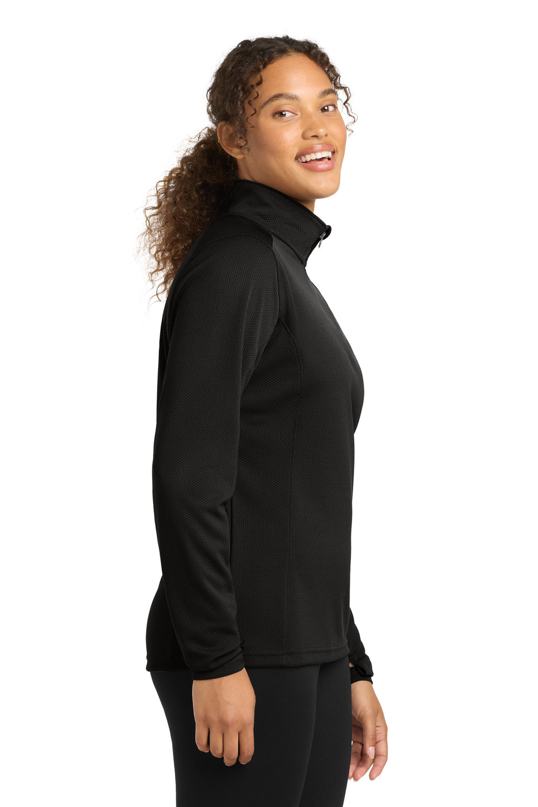 Black Sport-Tek Women's Sport-Wick Textured 1/4-Zip Pullover. LST860