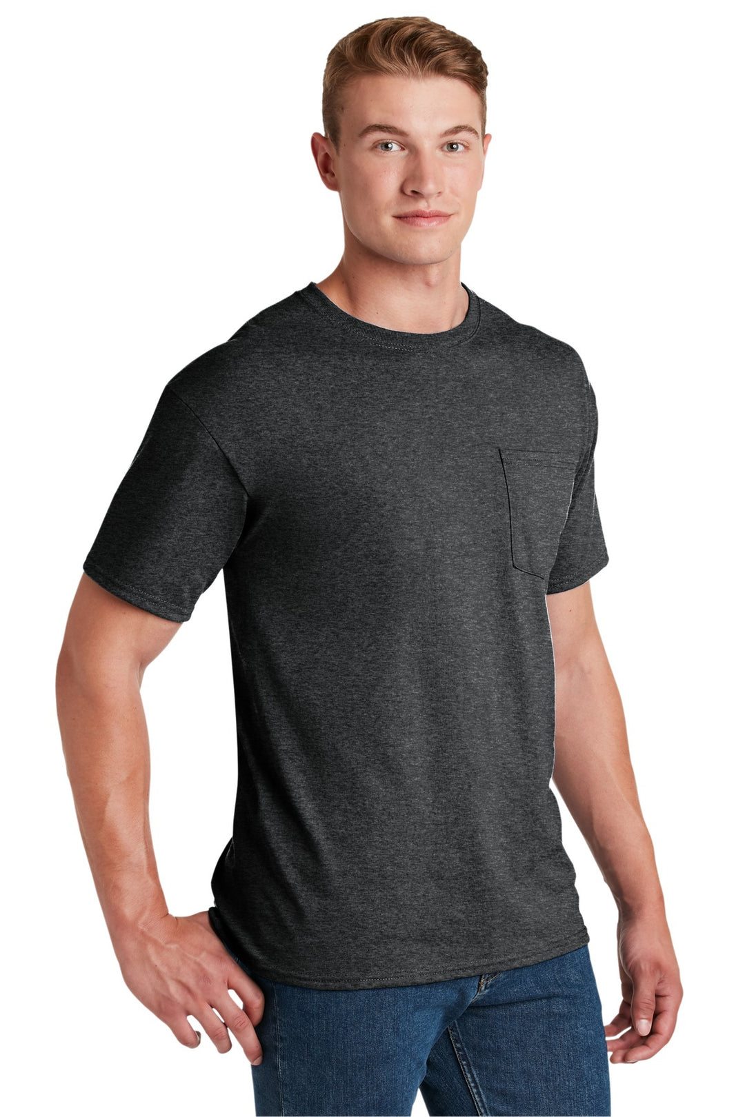 BlkHthr Jerzees - Dri-Power 50/50 Cotton/Poly Pocket T-Shirt. 29MP