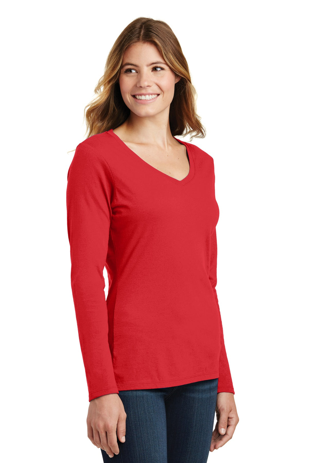 Bright Red Port & Company Women's Long Sleeve Fan Favorite V-Neck Tee. LPC450VLS