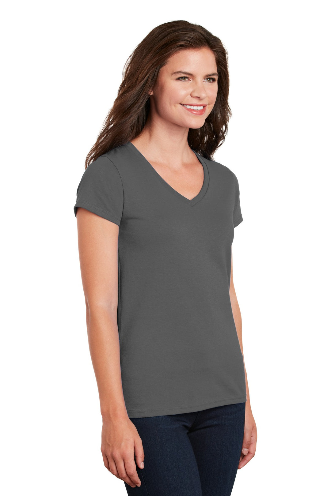Charcoal Gildan Women's Heavy Cotton 100% Cotton V-Neck T-Shirt. 5V00L