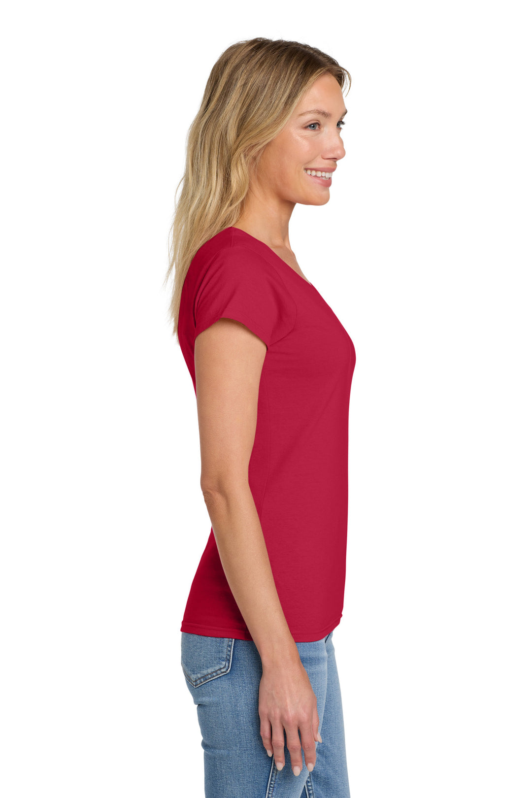 Cherry Red Gildan Softstyle Women's Fit V-Neck T-Shirt. 64V00L