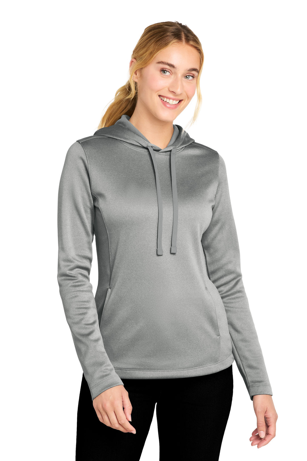 Dark Silver He Sport-Tek Women's PosiCharge Sport-Wick Heather Fleece Hooded Pullover. LST264
