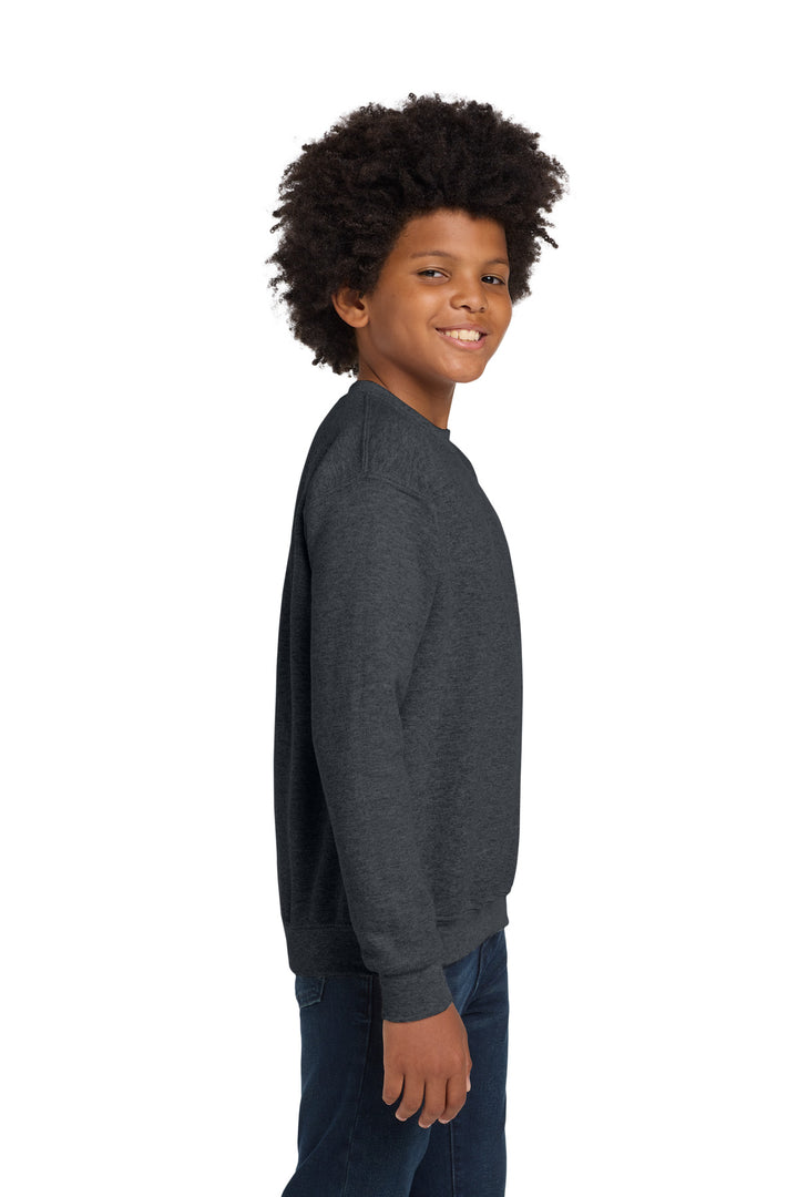 DarkHthr Gildan Youth Heavy Blend Crewneck Sweatshirt. 18000B