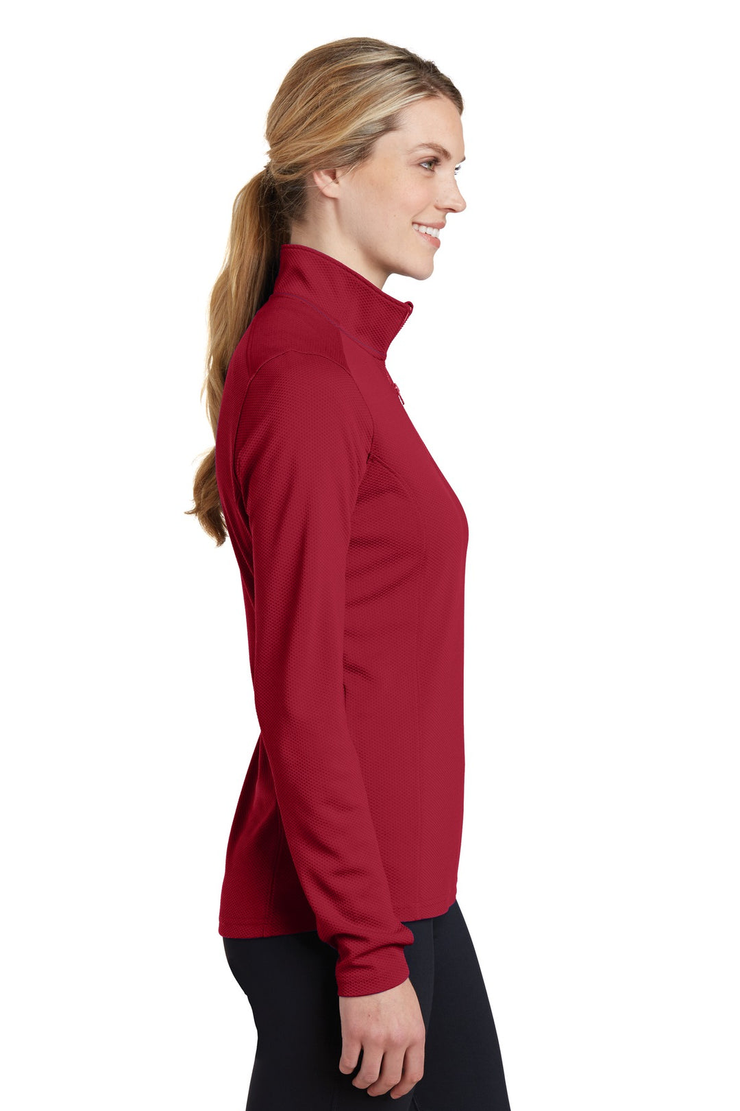 Deep Red Sport-Tek Women's Sport-Wick Textured 1/4-Zip Pullover. LST860