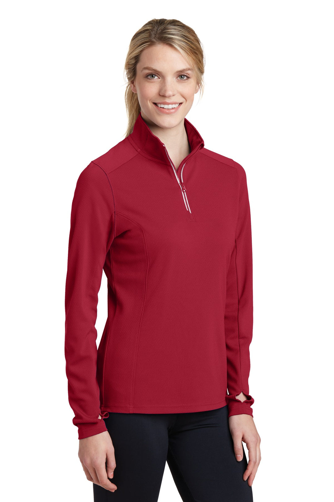 Deep Red Sport-Tek Women's Sport-Wick Textured 1/4-Zip Pullover. LST860