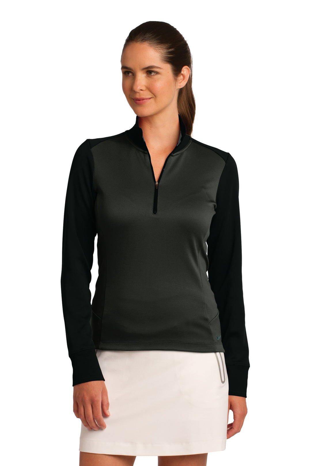 Front View of Anth Hthr/Blk Nike Women's Dri-FIT 1/2-Zip Cover-Up. 578674