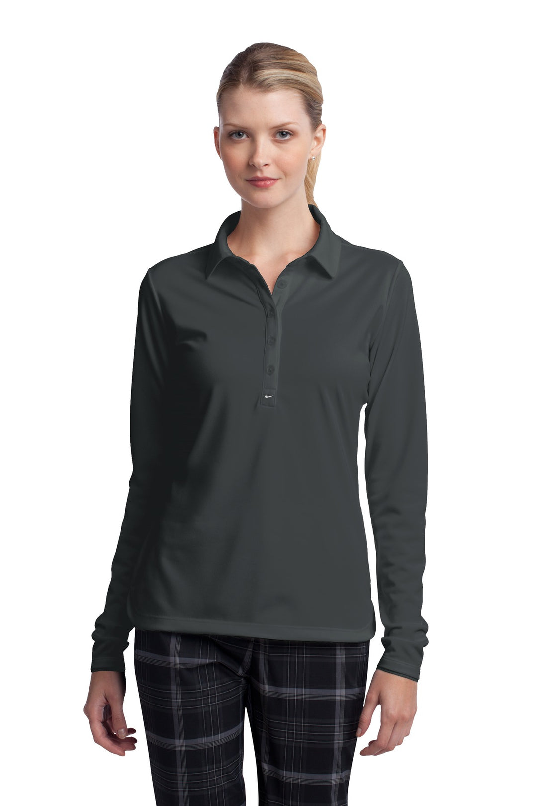 Front View of Anthracite Nike Women's Long Sleeve Dri-FIT Stretch Tech Polo. 545322