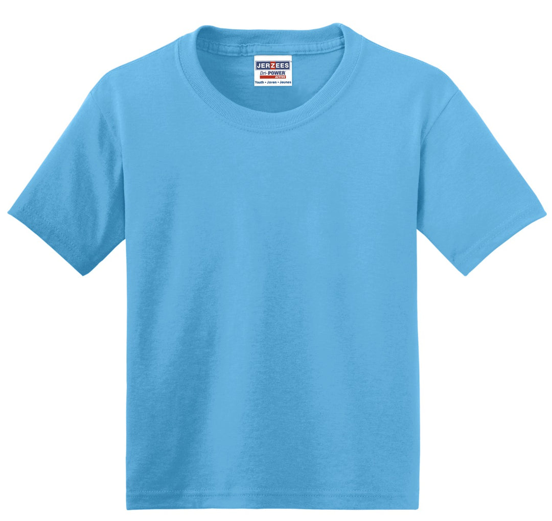 Front View of Aquatic Blue Jerzees - Youth Dri-Power 50/50 Cotton/Poly T-Shirt. 29B