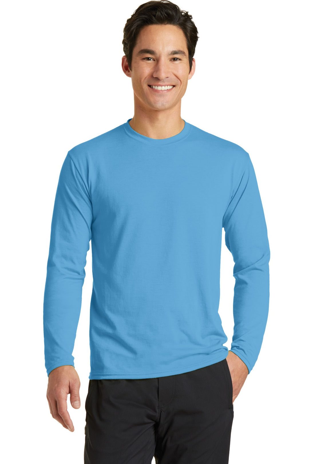 Front View of Aquatic Blue Port & Company Long Sleeve Performance Blend Tee. PC381LS