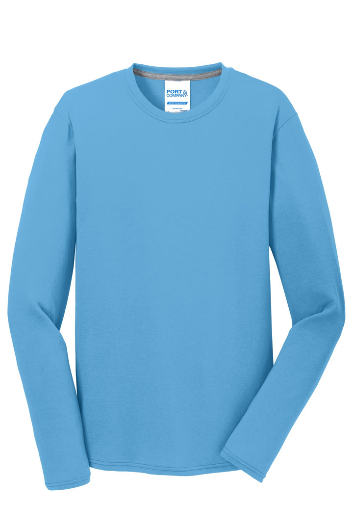 Front View of Aquatic Blue Port & Company Long Sleeve Performance Blend Tee. PC381LS