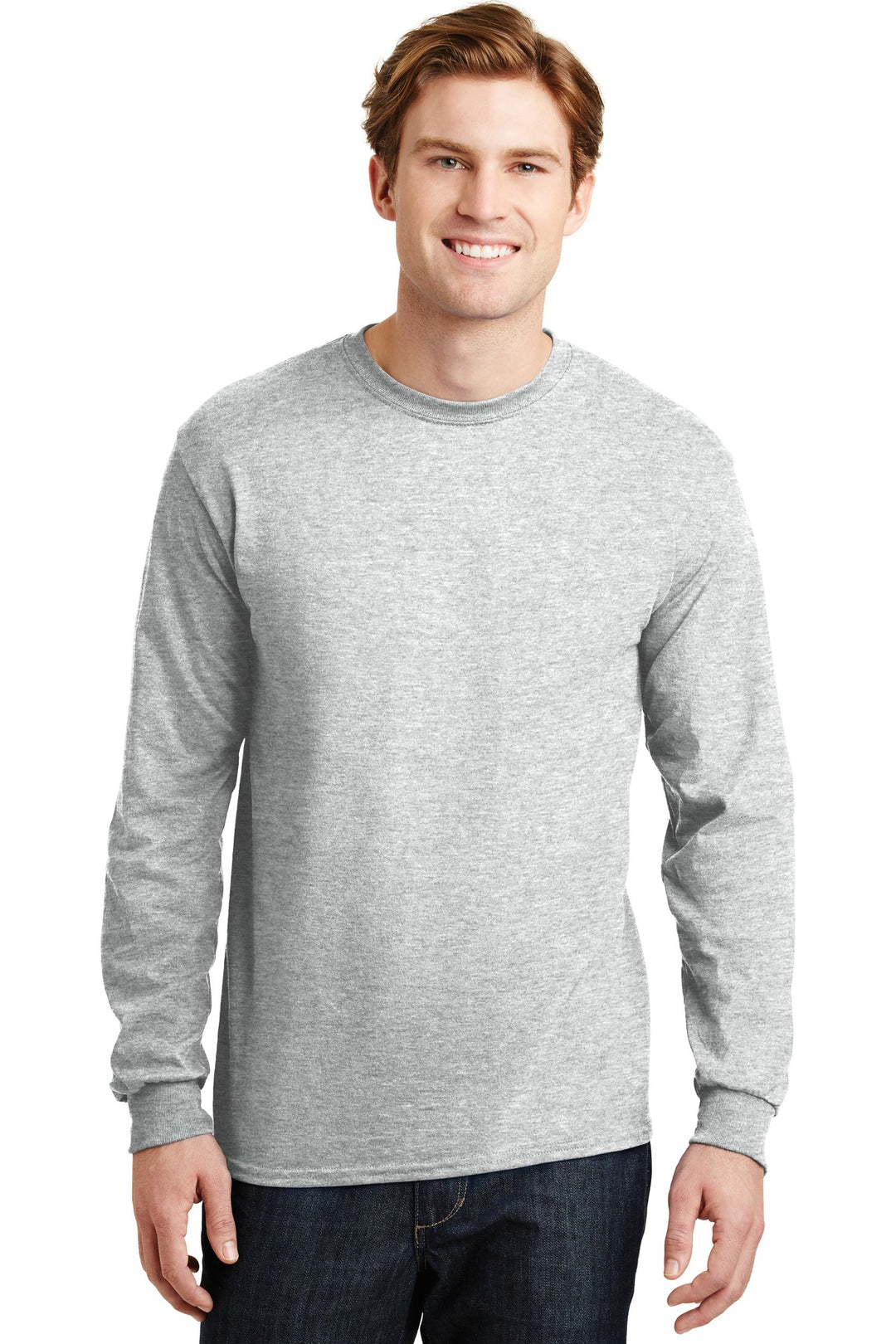 Front View of Ash Grey Gildan - DryBlend 50 Cotton/50 Poly Long Sleeve T-Shirt. 8400