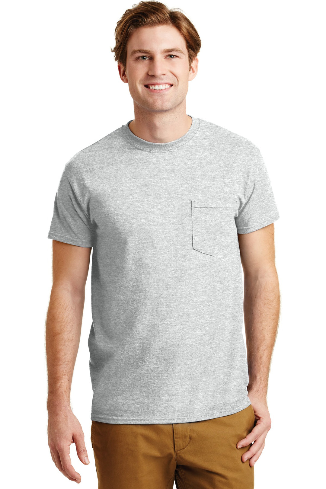 Front View of Ash Grey Gildan - DryBlend 50 Cotton/50 Poly Pocket T-Shirt. 8300