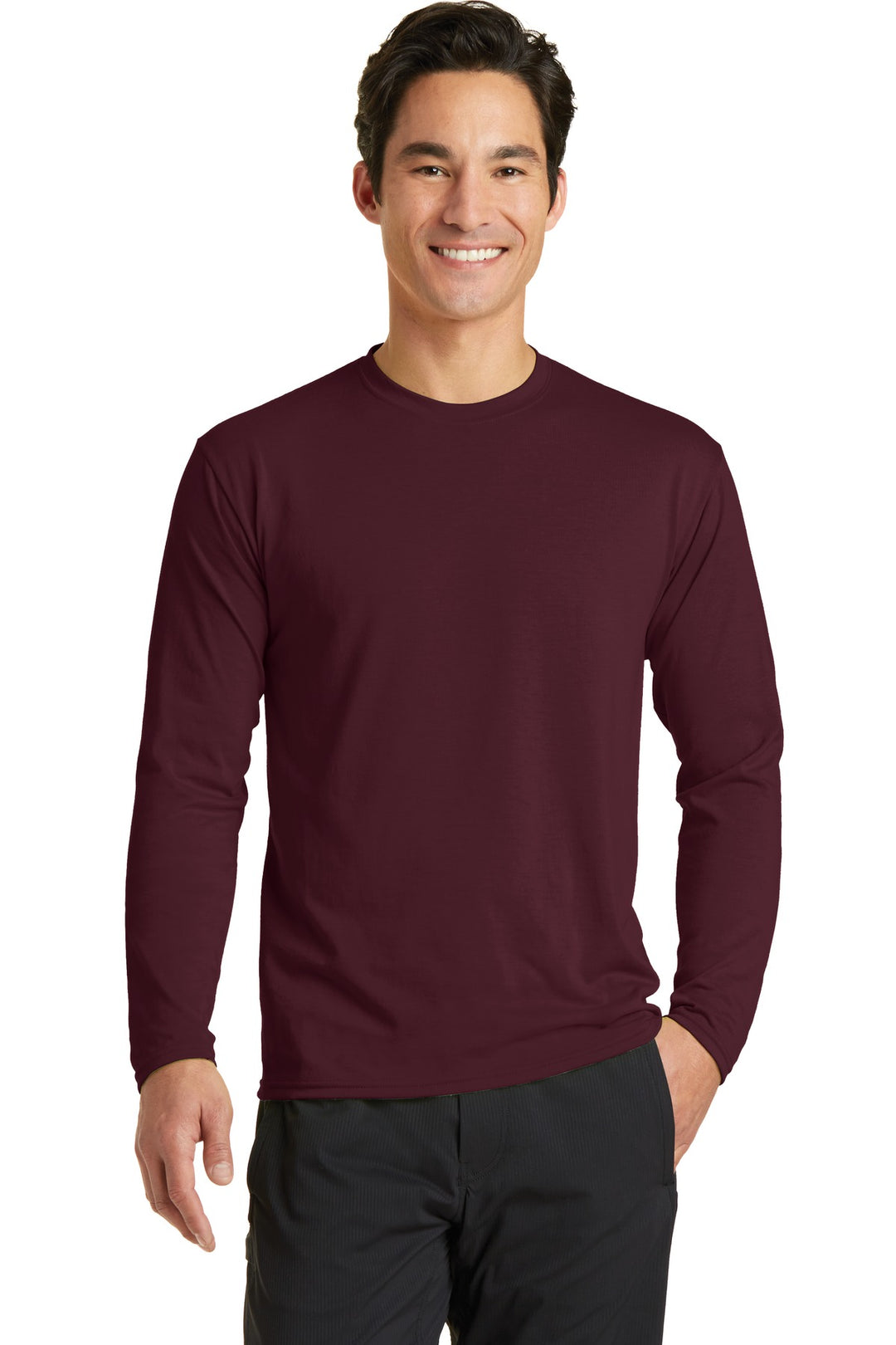 Front View of Athletic Mar Port & Company Long Sleeve Performance Blend Tee. PC381LS