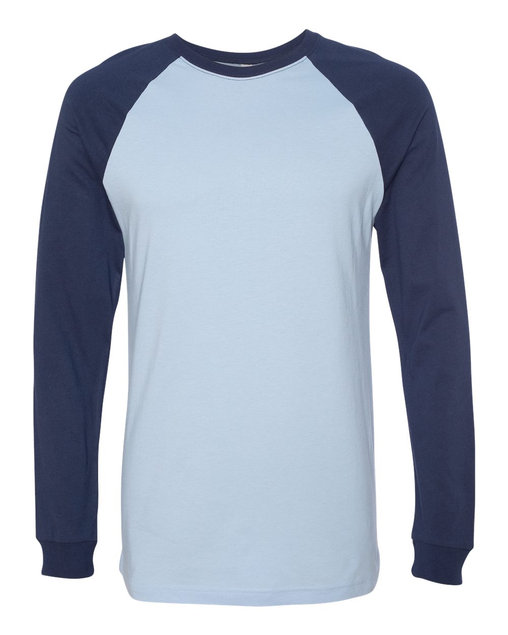 Front View of Baby Blue/ Navy Long Sleeve Jersey Baseball Tee - 3000