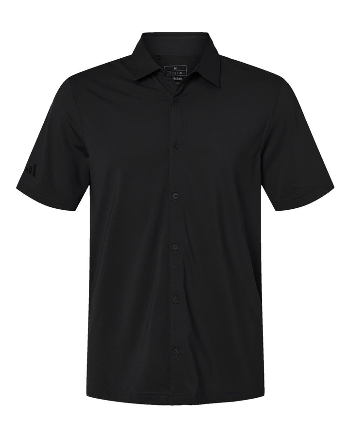 Front View of Black Button Down Short Sleeve Shirt - A595