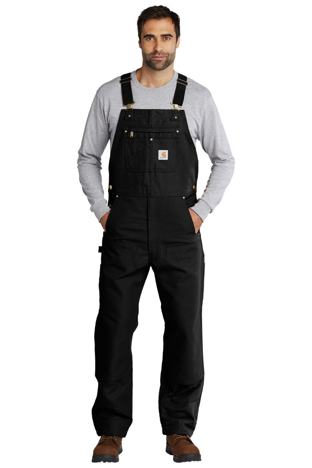 Front View of Black Carhartt Duck Unlined Bib Overalls. CT102776