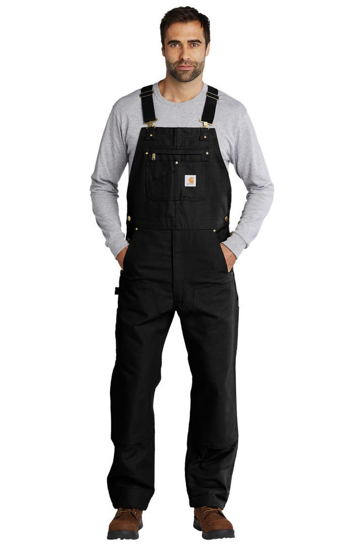 Front View of Black Carhartt Duck Unlined Bib Overalls. CT102776