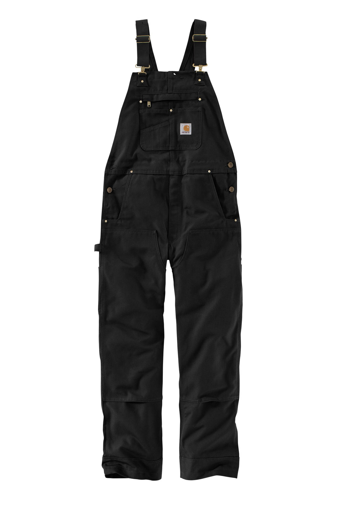 Front View of Black Carhartt Duck Unlined Bib Overalls. CT102776