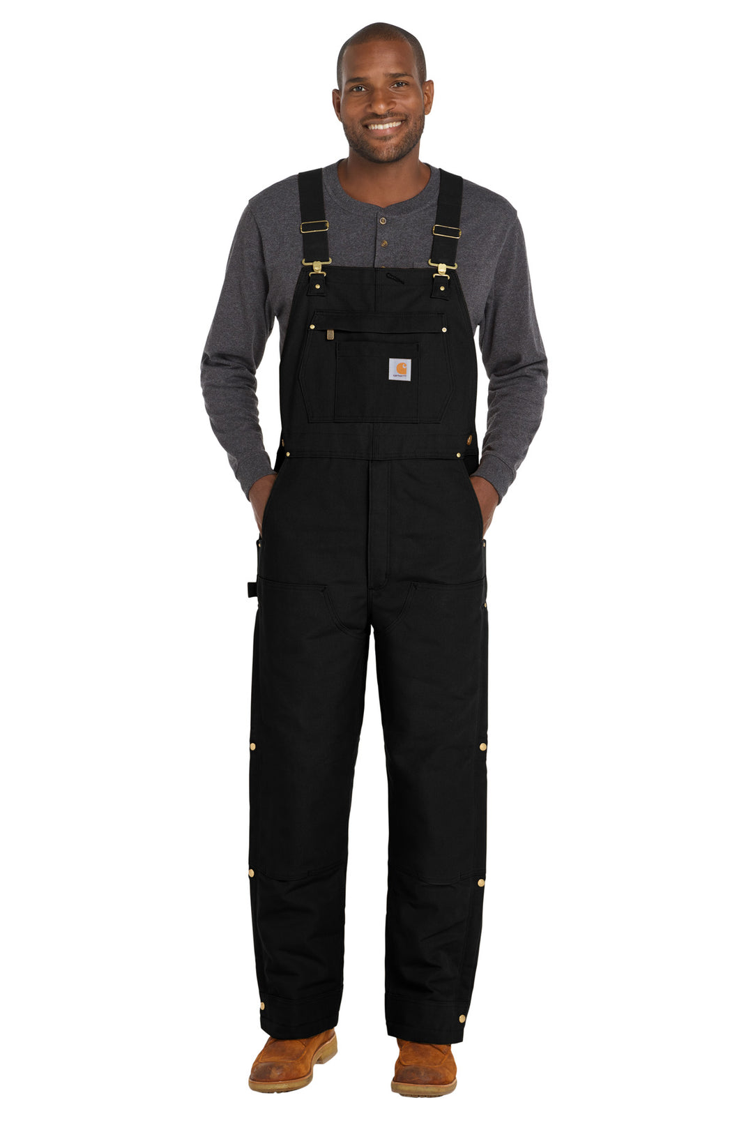 Front View of Black Carhartt Short Firm Duck Insulated Bib Overalls CTS106672