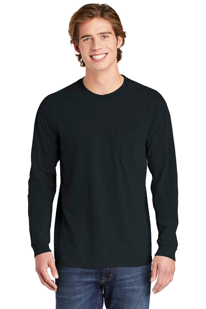Front View of Black COMFORT COLORS Heavyweight Ring Spun Long Sleeve Pocket Tee. 4410