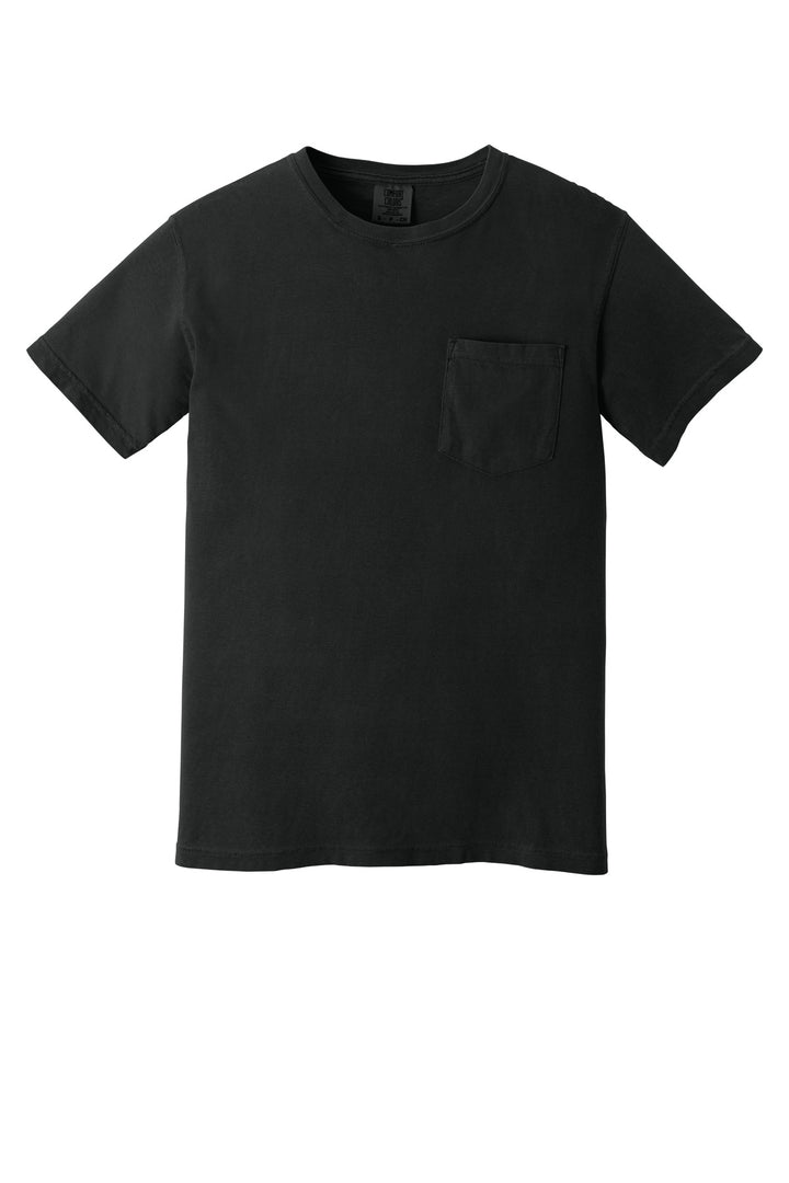 Front View of Black COMFORT COLORS Heavyweight Ring Spun Pocket Tee. 6030