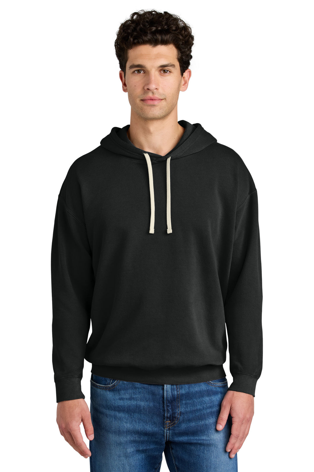 Front View of Black Comfort Colors Lightweight Hooded Sweatshirt 1467