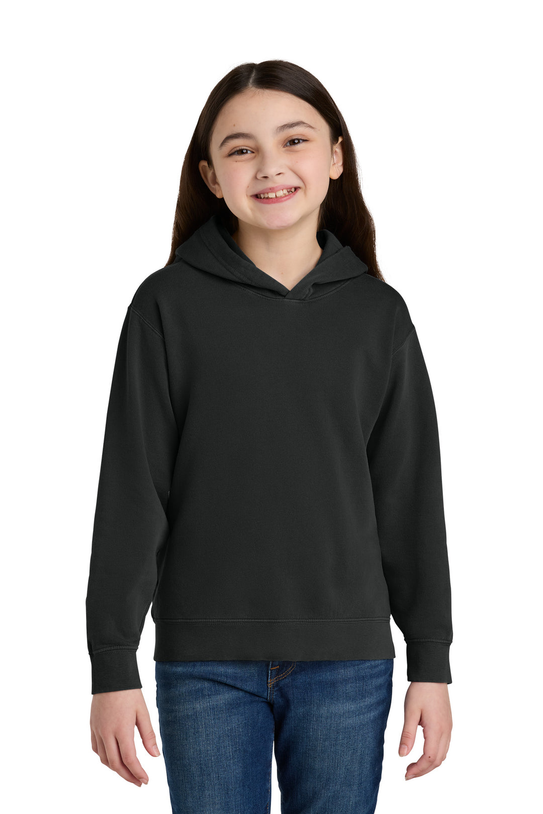 Front View of Black Comfort Colors Youth Lightweight Hooded Sweatshirt 1467Y