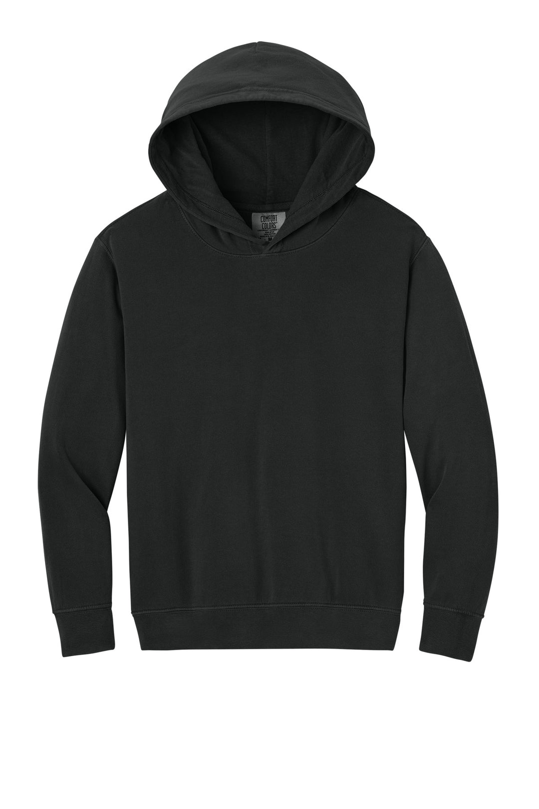 Front View of Black Comfort Colors Youth Lightweight Hooded Sweatshirt 1467Y