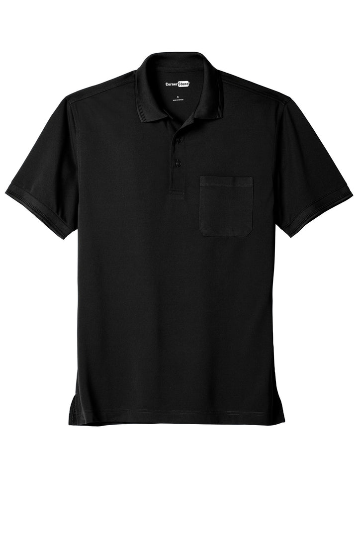 Front View of Black CornerStone Industrial Snag-Proof Pique Pocket Polo. CS4020P