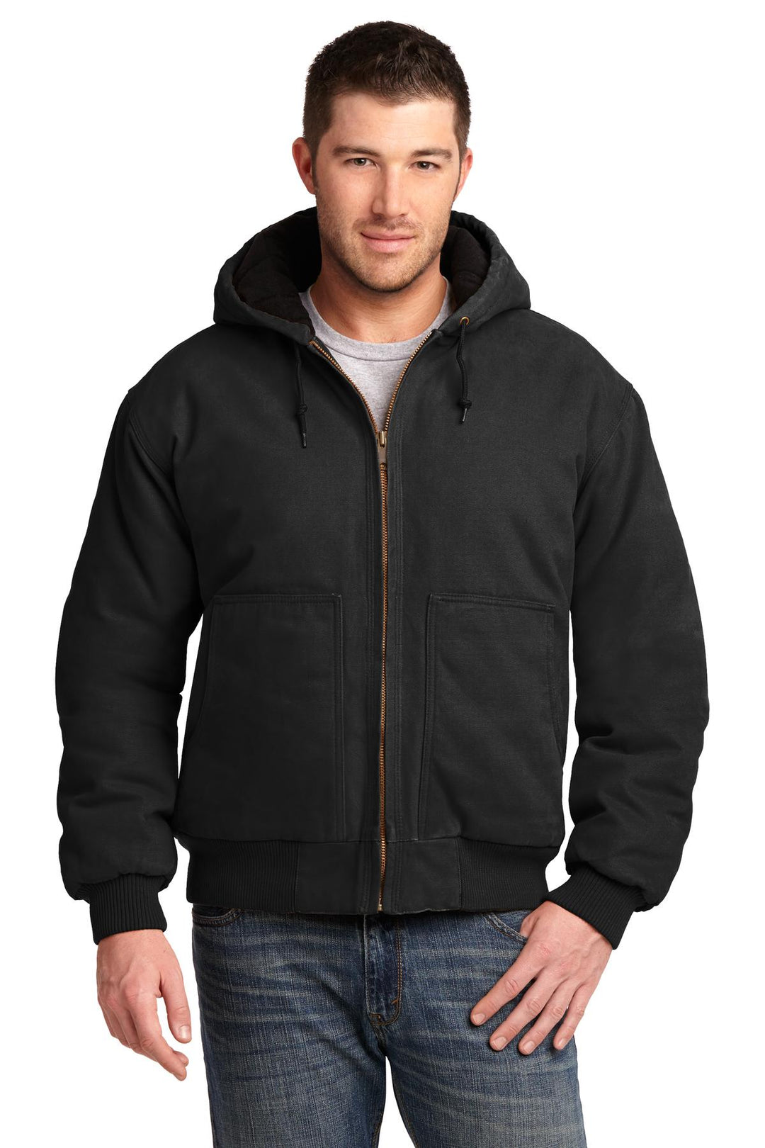 Front View of Black CornerStone Washed Duck Cloth Insulated Hooded Work Jacket. CSJ41