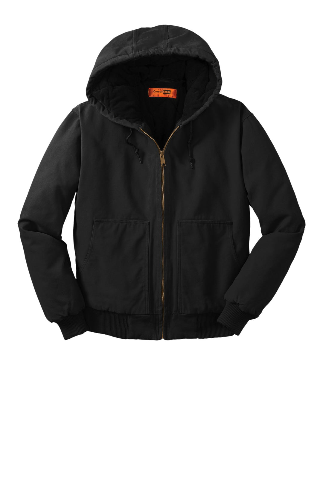 Front View of Black CornerStone Washed Duck Cloth Insulated Hooded Work Jacket. CSJ41