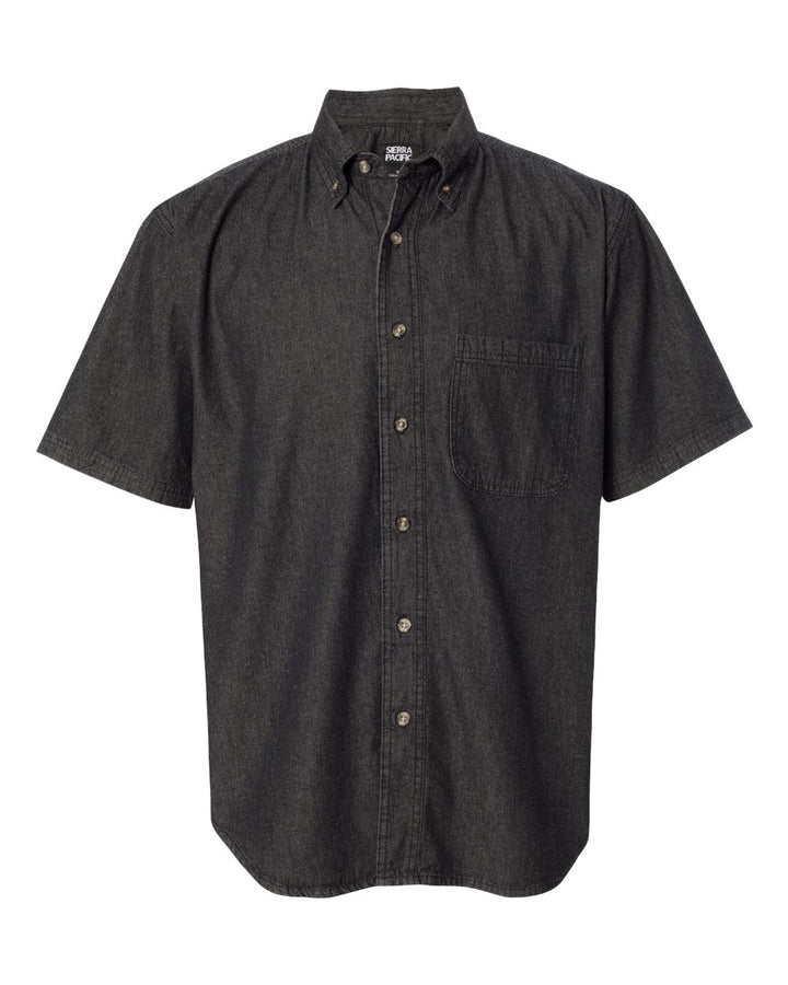 Front View of Black Denim Denim Short Sleeve Shirt - 0211