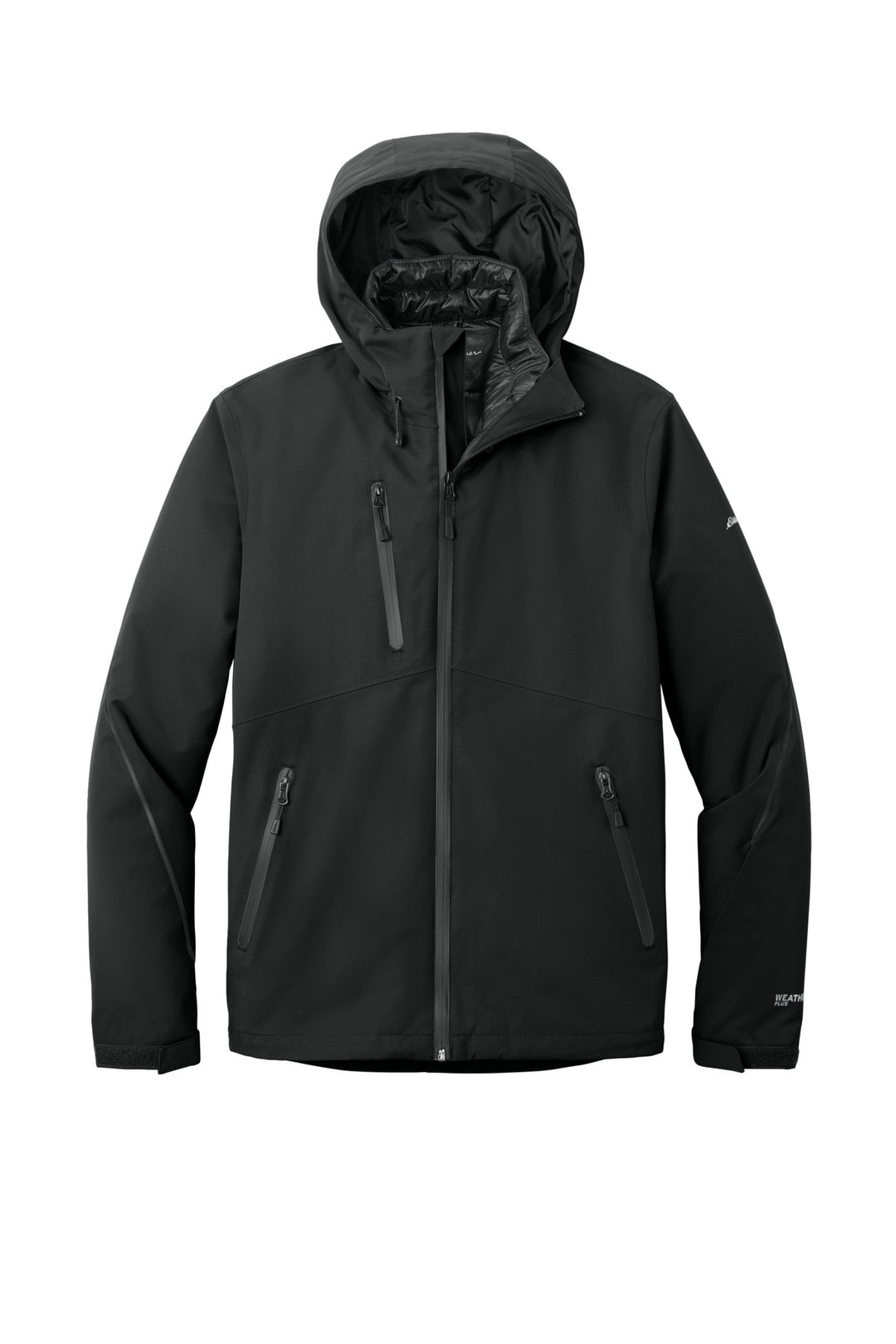 Front View of Black Eddie Bauer WeatherEdge Plus 3-in-1 Jacket. EB556
