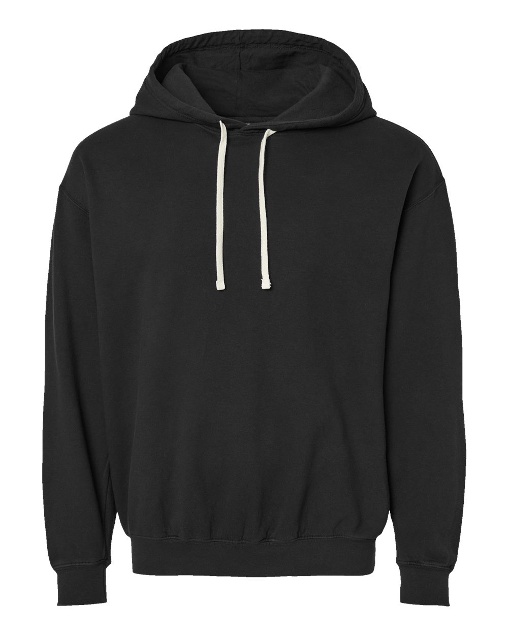 Front View of Black Garment-Dyed Lightweight Fleece Hooded Sweatshirt - 1467