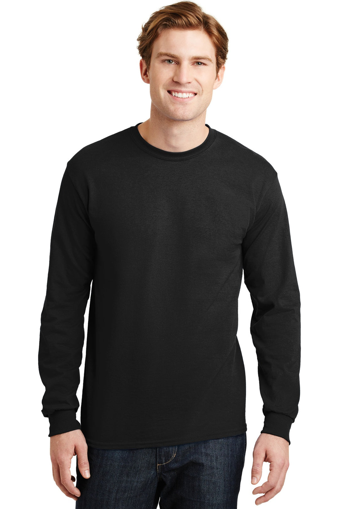 Front View of Black Gildan - DryBlend 50 Cotton/50 Poly Long Sleeve T-Shirt. 8400