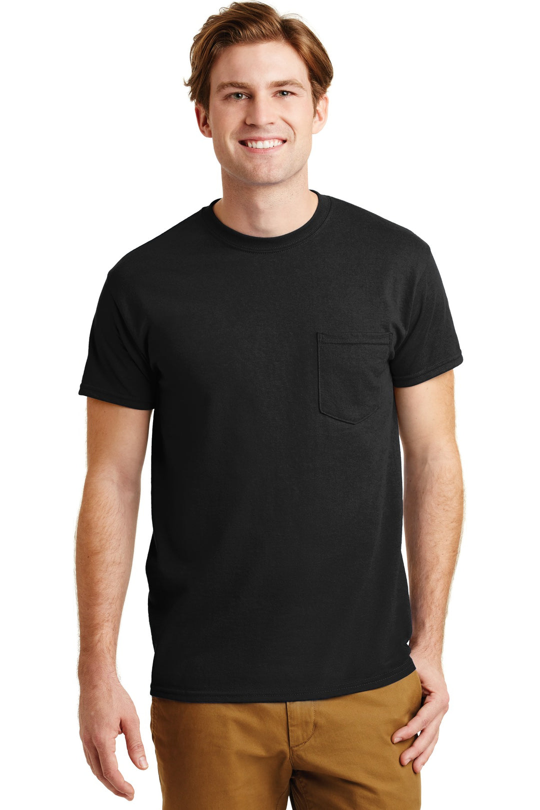 Front View of Black Gildan - DryBlend 50 Cotton/50 Poly Pocket T-Shirt. 8300