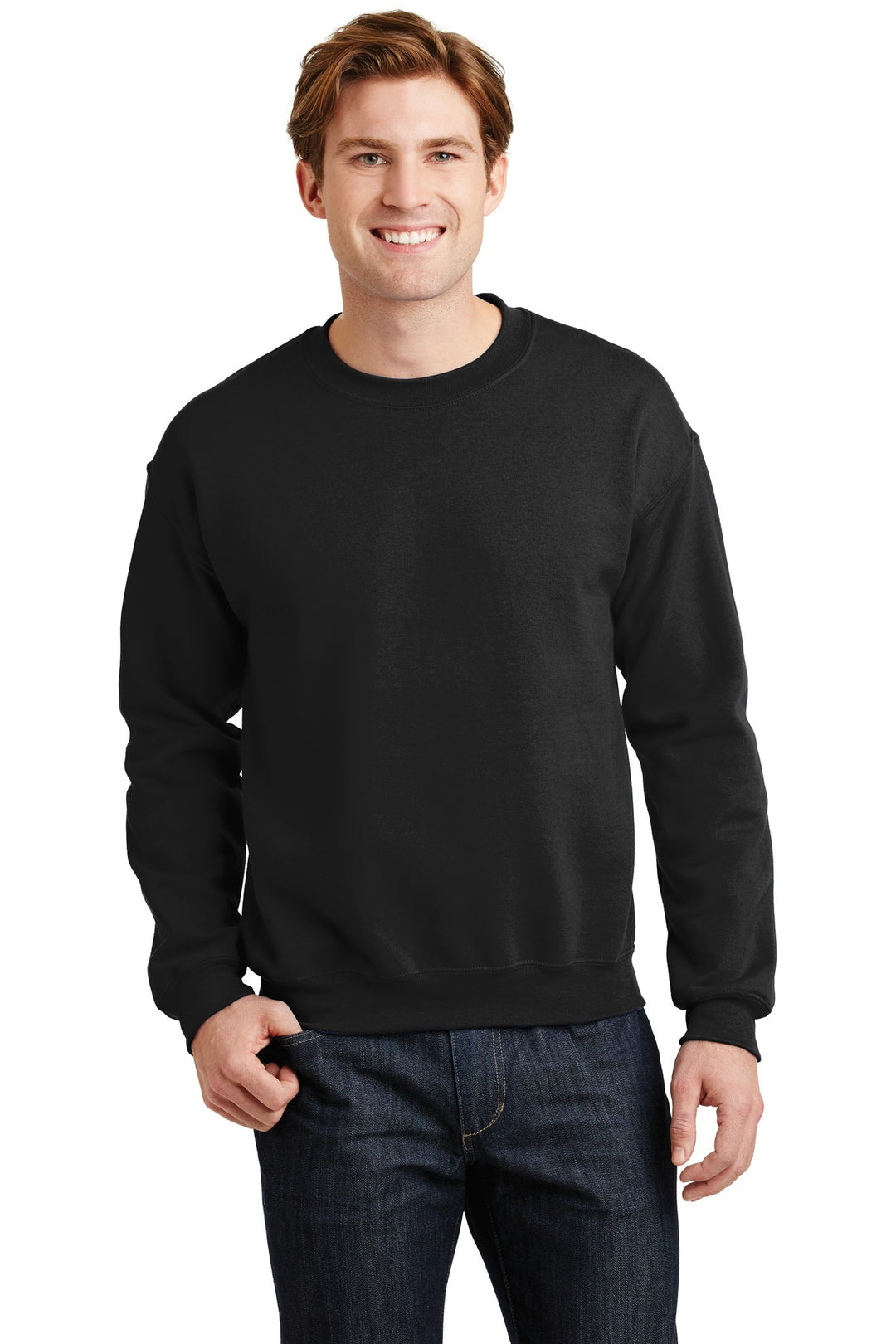 Front View of Black Gildan Heavy Blend Crewneck Sweatshirt. 18000