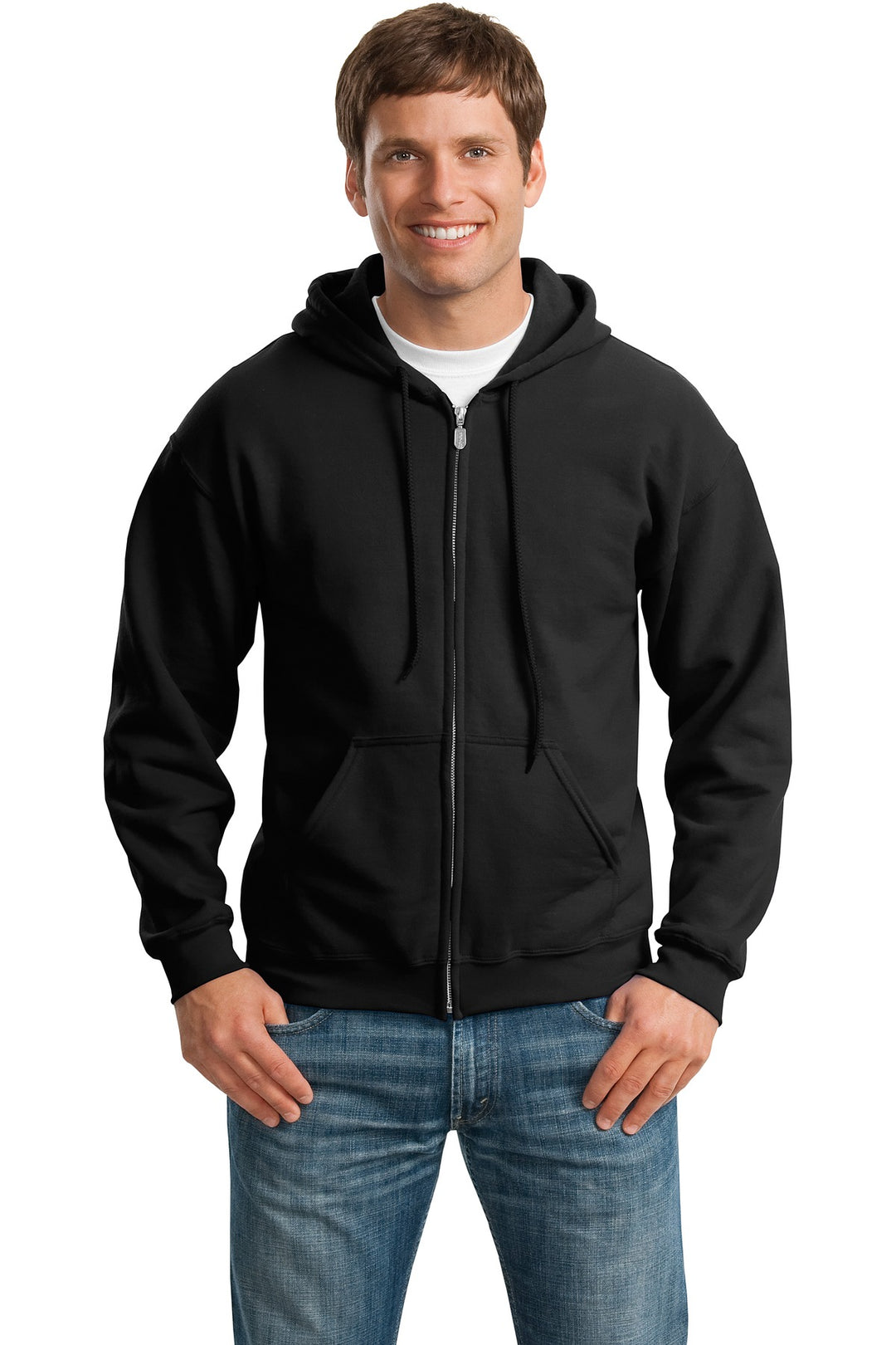 Front View of Black Gildan - Heavy Blend Full-Zip Hooded Sweatshirt. 18600