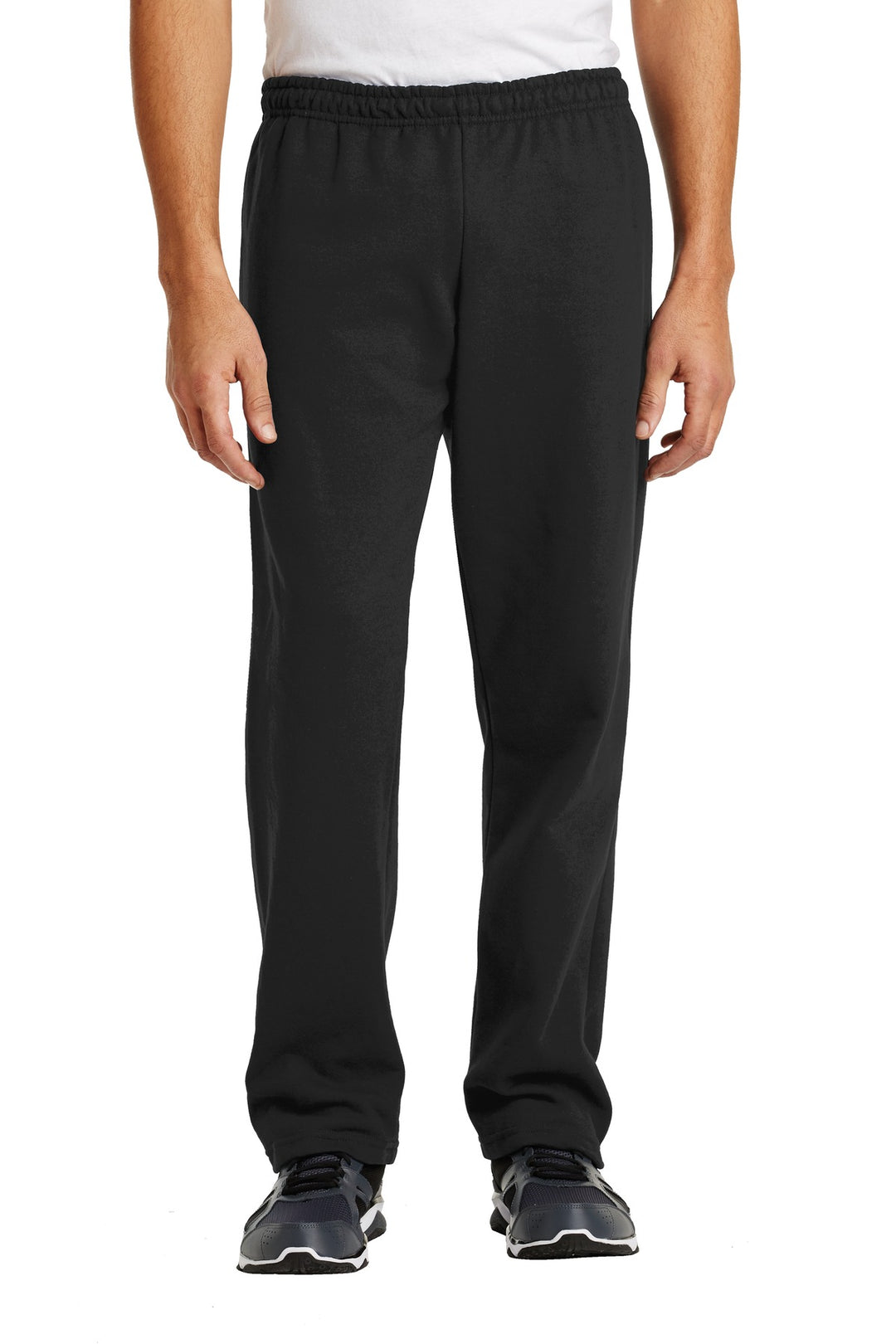 Front View of Black Gildan Heavy Blend Open Bottom Sweatpant. 18400