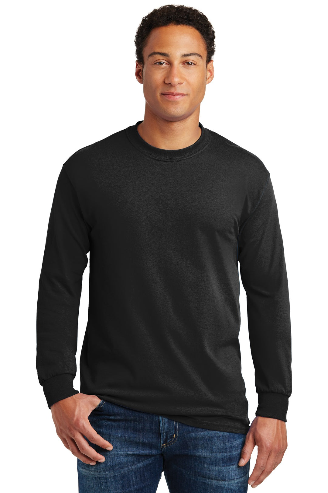 Front View of Black Gildan - Heavy Cotton 100% Cotton Long Sleeve T-Shirt. 5400